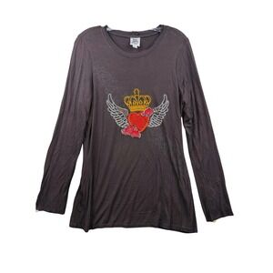 Ivy Jane Womens Brown Long Sleeve Graphic T-Shirt Heart Crown Rhinestone Large